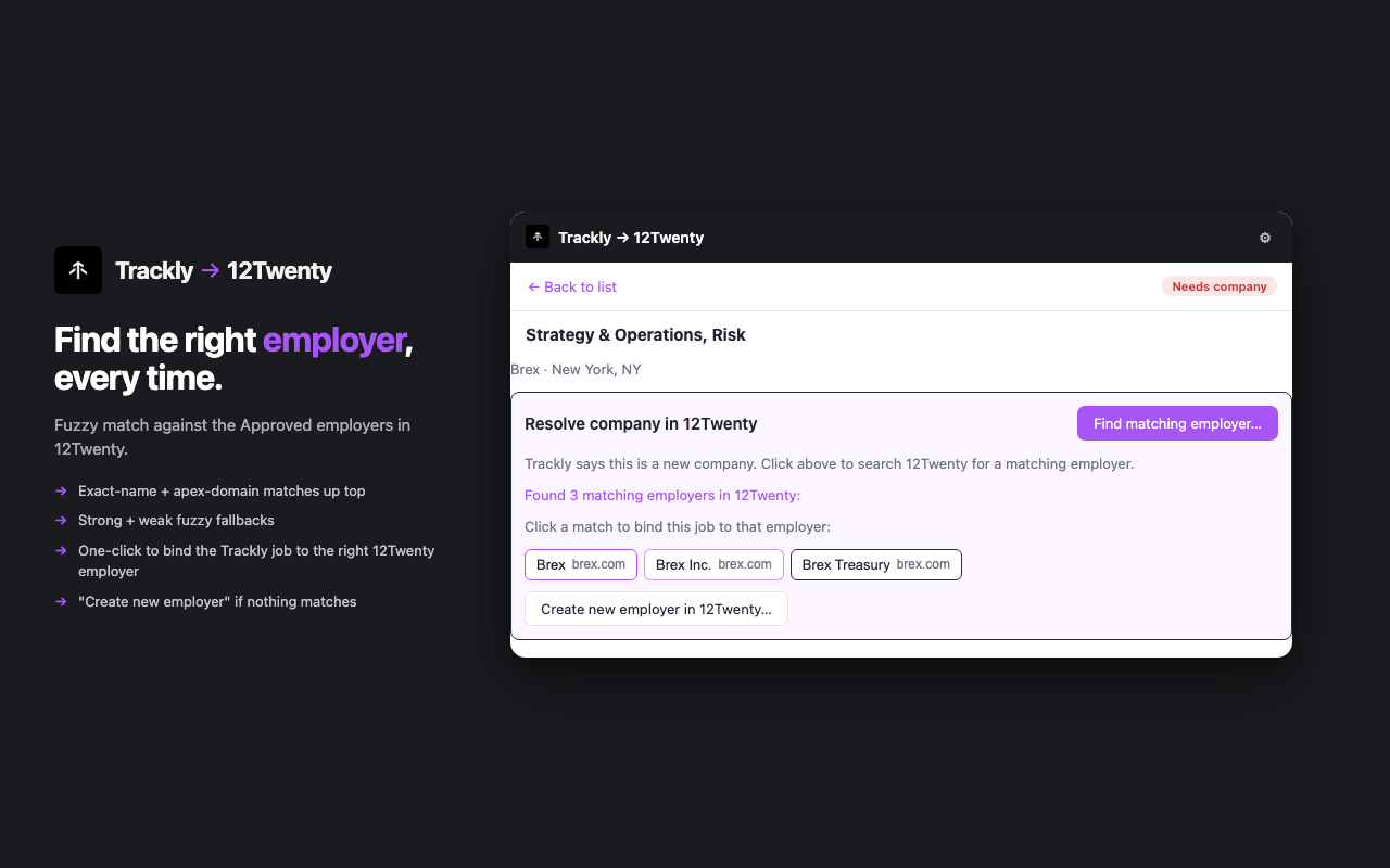 Employer drawer showing three Brex candidates from 12Twenty autocomplete