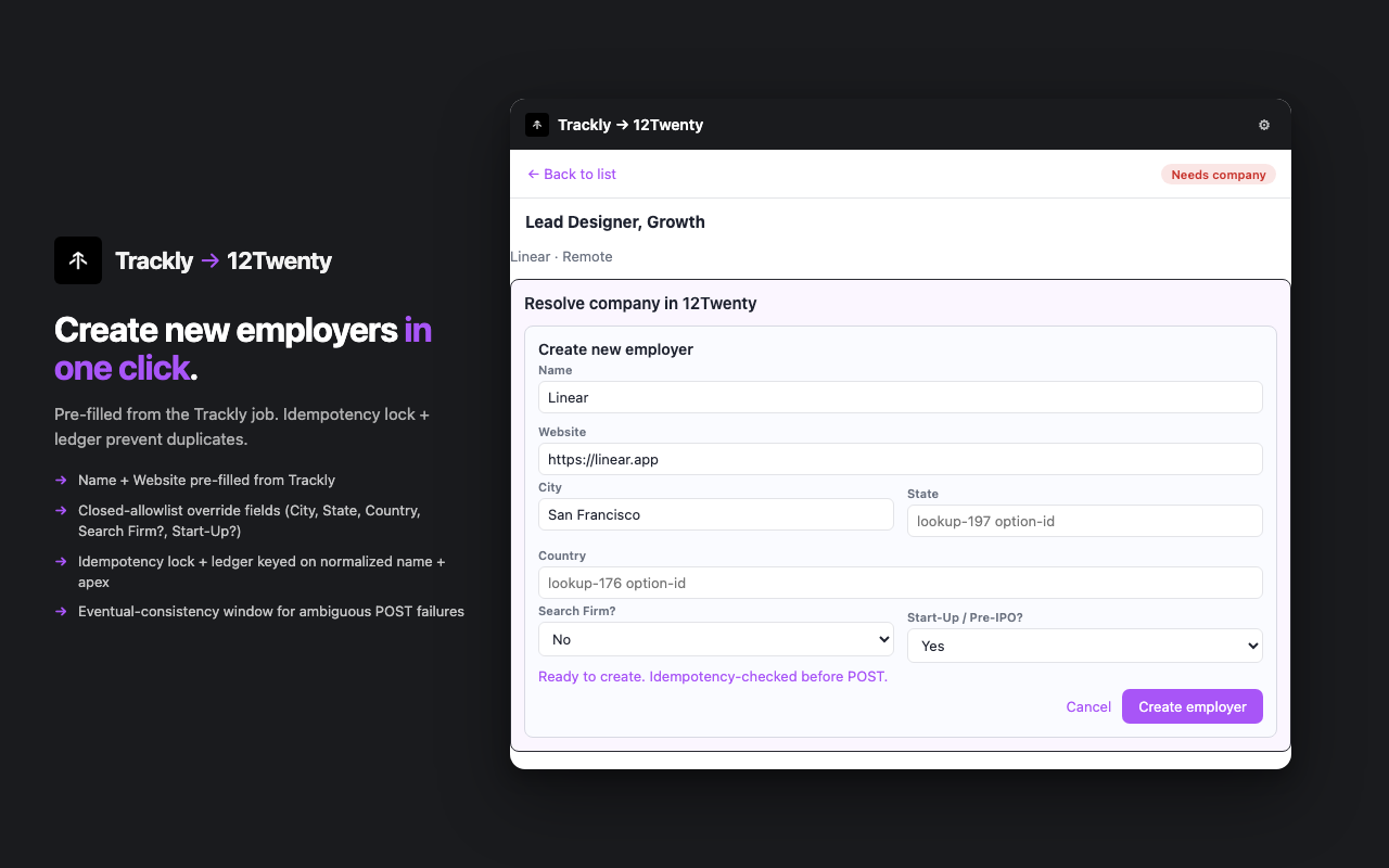 Create employer form for Linear, pre filled from Trackly