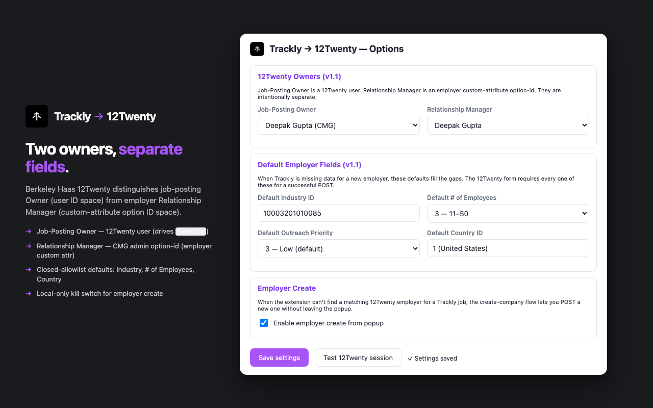 Setup page with owner dropdowns and default employer fields